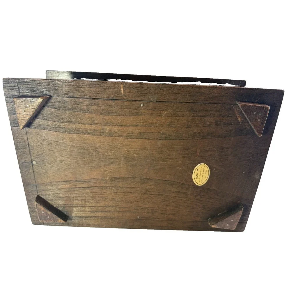 Vintage 1970s Thai Hand Carved Teak Jewelry Box Velvet Lining Tony M. Chiangmai